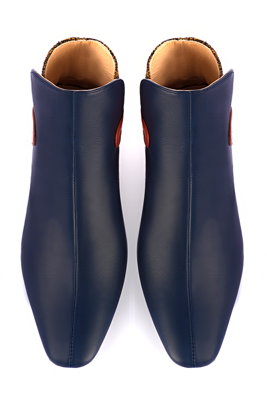 Women's navy blue and terracotta orange elegant ankle boots, with buckles at the back. Square toe. Flat flare heels - Top view